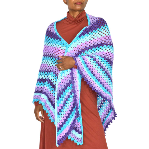 Hand Knit Crochet Shawl Blue Ombre Blanket Wrap Triangle Granny Squares One Size - Picture 1 of 16
